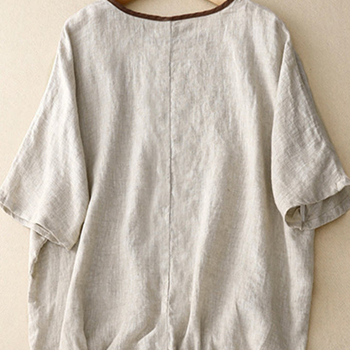 Buddha Stonesカジュアル刺繍ツリードローストリングレディースクルーネックデザイン半袖コットンリネンTシャツ - image 2