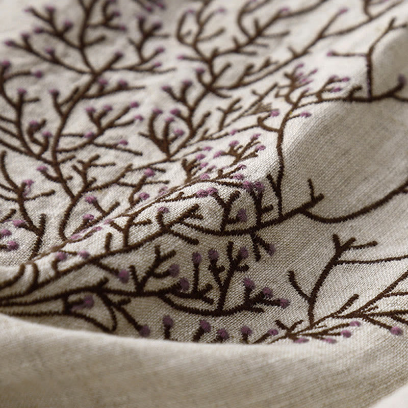 Buddha Stonesカジュアル 刺繍 ツリー ドローストリング レディース クルーネックデザイン ハーフスリーブ コットンリネンTシャツ