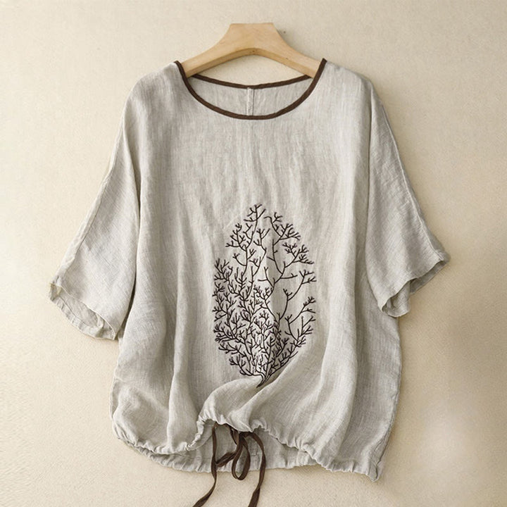 Buddha Stonesカジュアル 刺繍 ツリー ドローストリング レディース クルーネックデザイン ハーフスリーブ コットンリネンTシャツ