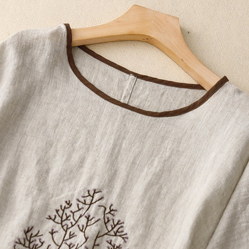Buddha Stonesカジュアル刺繍ツリードローストリングレディースクルーネックデザイン半袖コットンリネンTシャツ - image 1