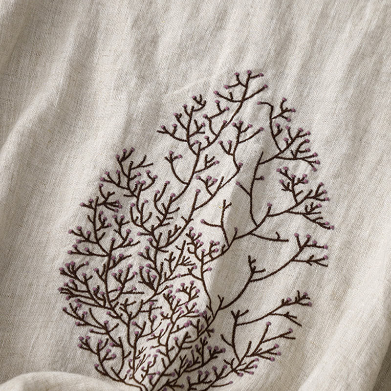 Buddha Stonesカジュアル 刺繍 ツリー ドローストリング レディース クルーネックデザイン ハーフスリーブ コットンリネンTシャツ