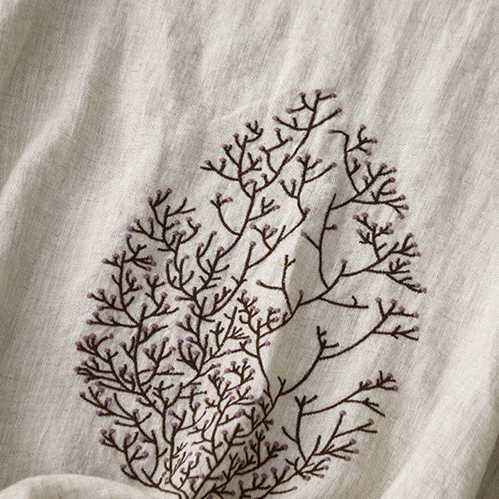 Buddha Stonesカジュアル 刺繍 ツリー ドローストリング レディース クルーネックデザイン ハーフスリーブ コットンリネンTシャツ