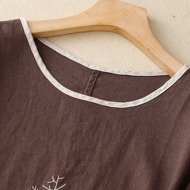 Buddha Stonesカジュアル 刺繍 ツリー ドローストリング レディース クルーネックデザイン ハーフスリーブ コットンリネンTシャツ