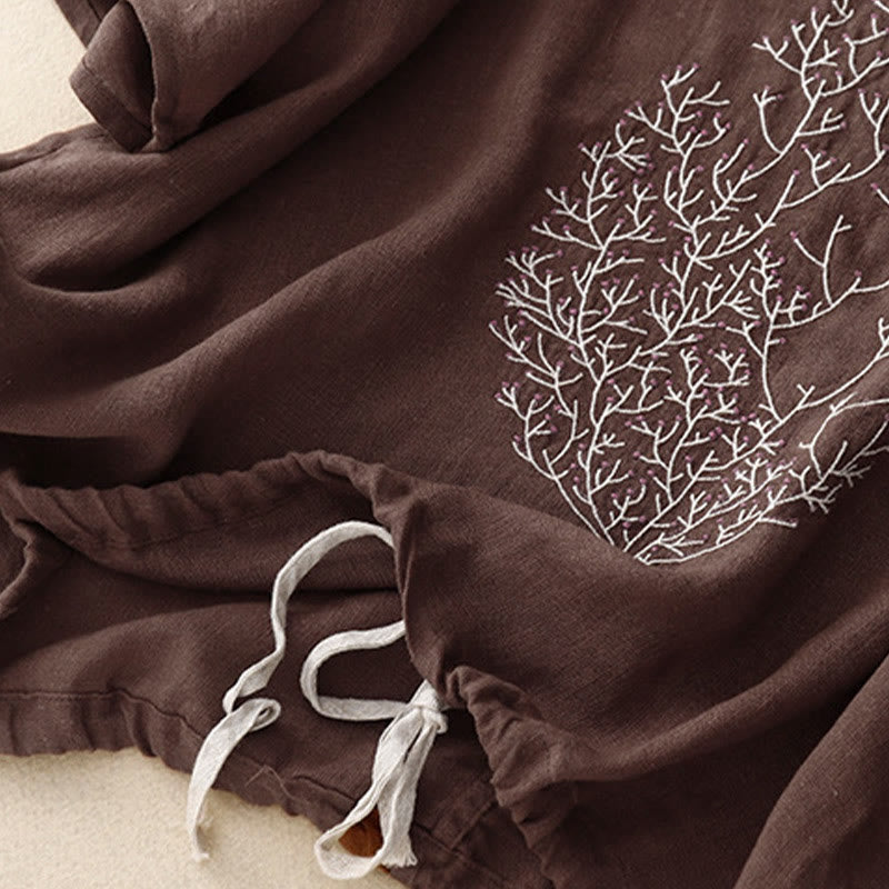 Buddha Stonesカジュアル刺繍ツリードローストリングレディースクルーネックデザイン半袖コットンリネンTシャツ - image 15
