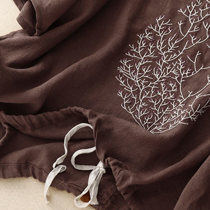 Buddha Stonesカジュアル刺繍ツリードローストリングレディースクルーネックデザイン半袖コットンリネンTシャツ - image 15