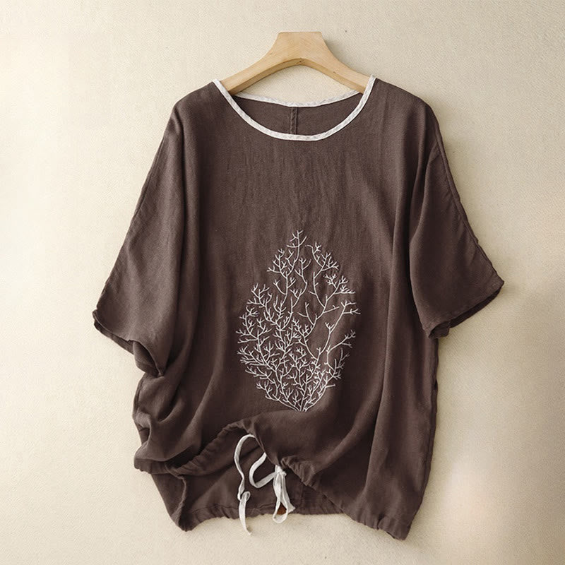 Buddha Stonesカジュアル 刺繍 ツリー ドローストリング レディース クルーネックデザイン ハーフスリーブ コットンリネンTシャツ