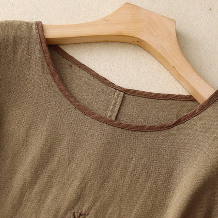 Buddha Stonesカジュアル刺繍ツリードローストリングレディースクルーネックデザイン半袖コットンリネンTシャツ - image 17