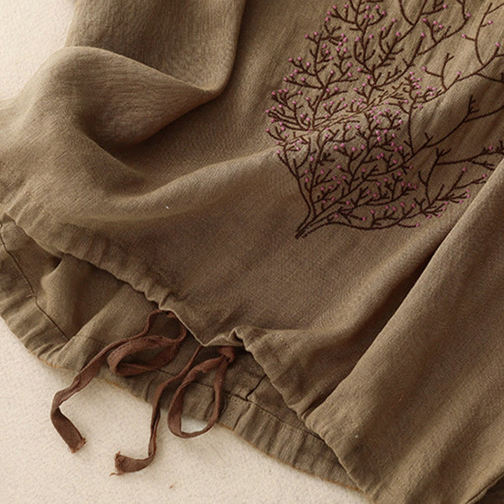 Buddha Stonesカジュアル刺繍ツリードローストリングレディースクルーネックデザイン半袖コットンリネンTシャツ - image 20