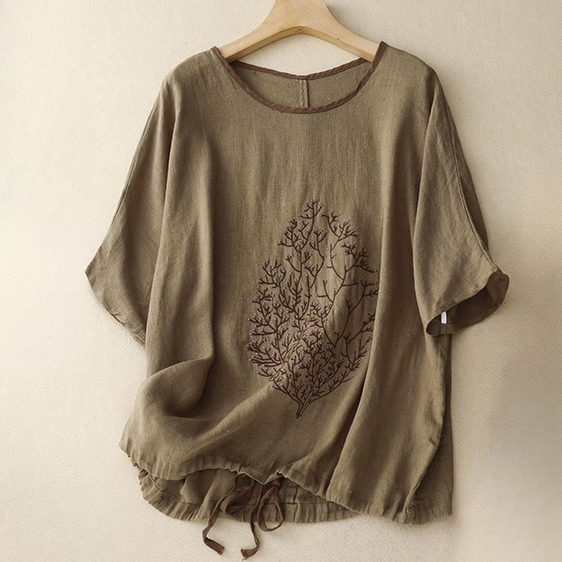 Buddha Stonesカジュアル 刺繍 ツリー ドローストリング レディース クルーネックデザイン ハーフスリーブ コットンリネンTシャツ