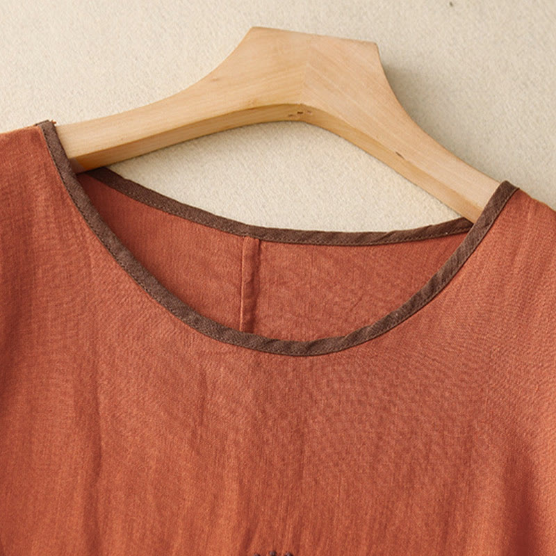 Buddha Stonesカジュアル 刺繍 ツリー ドローストリング レディース クルーネックデザイン ハーフスリーブ コットンリネンTシャツ