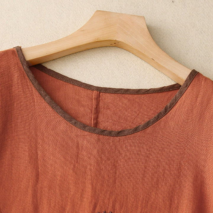 Buddha Stonesカジュアル 刺繍 ツリー ドローストリング レディース クルーネックデザイン ハーフスリーブ コットンリネンTシャツ