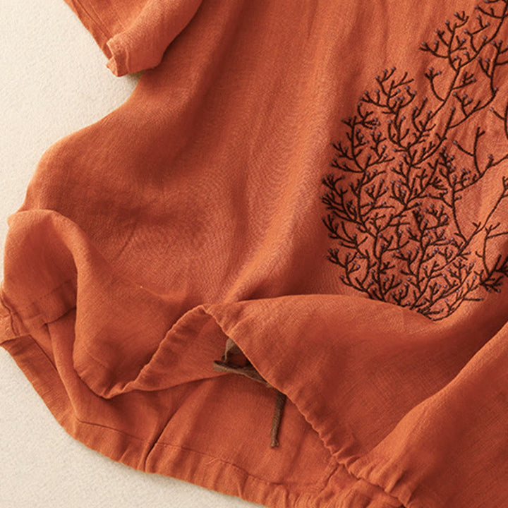 Buddha Stonesカジュアル 刺繍 ツリー ドローストリング レディース クルーネックデザイン ハーフスリーブ コットンリネンTシャツ