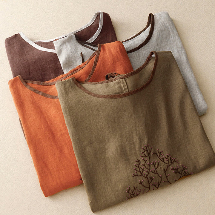 Buddha Stonesカジュアル 刺繍 ツリー ドローストリング レディース クルーネックデザイン ハーフスリーブ コットンリネンTシャツ