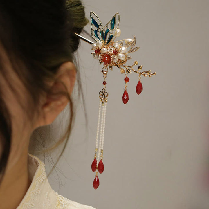 Buddha Stones、中国古典風の花の枝、蝶の真珠のタッセルヘアクリップ、ヘアピン、ヘアクラウン