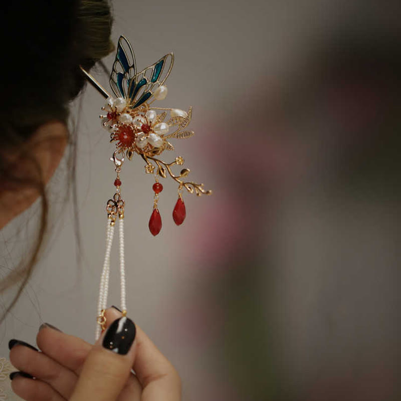 Buddha Stones、中国古典風の花の枝、蝶の真珠のタッセルヘアクリップ、ヘアピン、ヘアクラウン