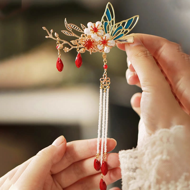 Buddha Stones、中国古典風の花の枝、蝶の真珠のタッセルヘアクリップ、ヘアピン、ヘアクラウン