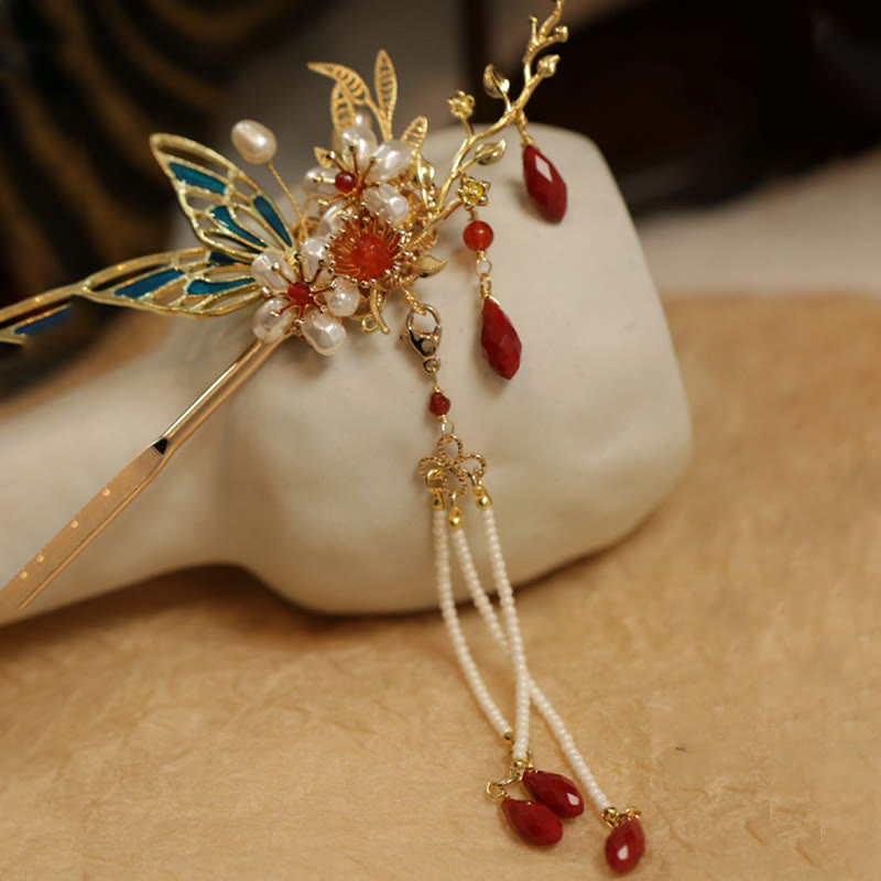 Buddha Stones、中国古典風の花の枝、蝶の真珠のタッセルヘアクリップ、ヘアピン、ヘアクラウン