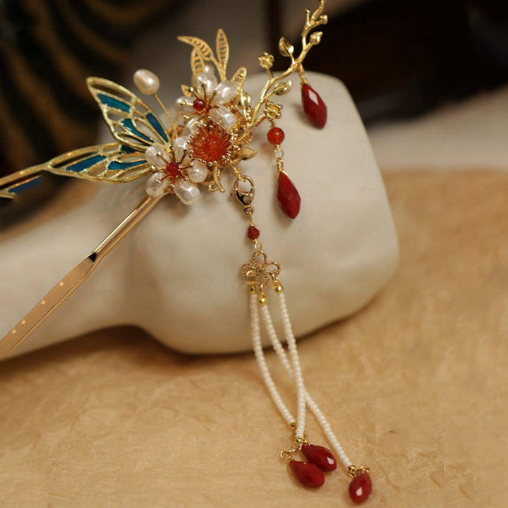 Buddha Stones、中国古典風の花の枝、蝶の真珠のタッセルヘアクリップ、ヘアピン、ヘアクラウン