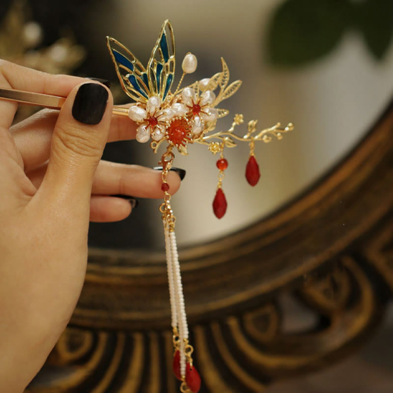 Buddha Stones、中国古典風の花の枝、蝶の真珠のタッセルヘアクリップ、ヘアピン、ヘアクラウン
