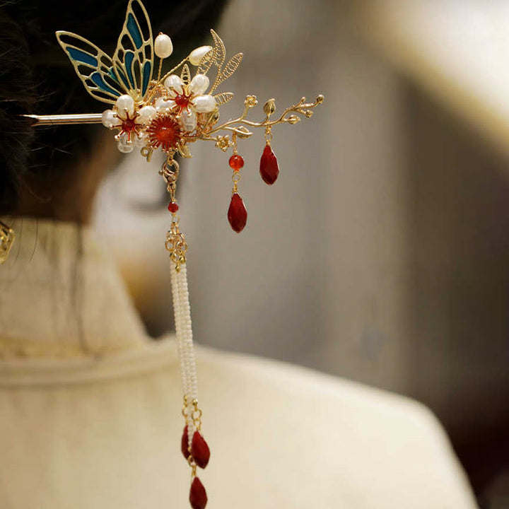 Buddha Stones、中国古典風の花の枝、蝶の真珠のタッセルヘアクリップ、ヘアピン、ヘアクラウン