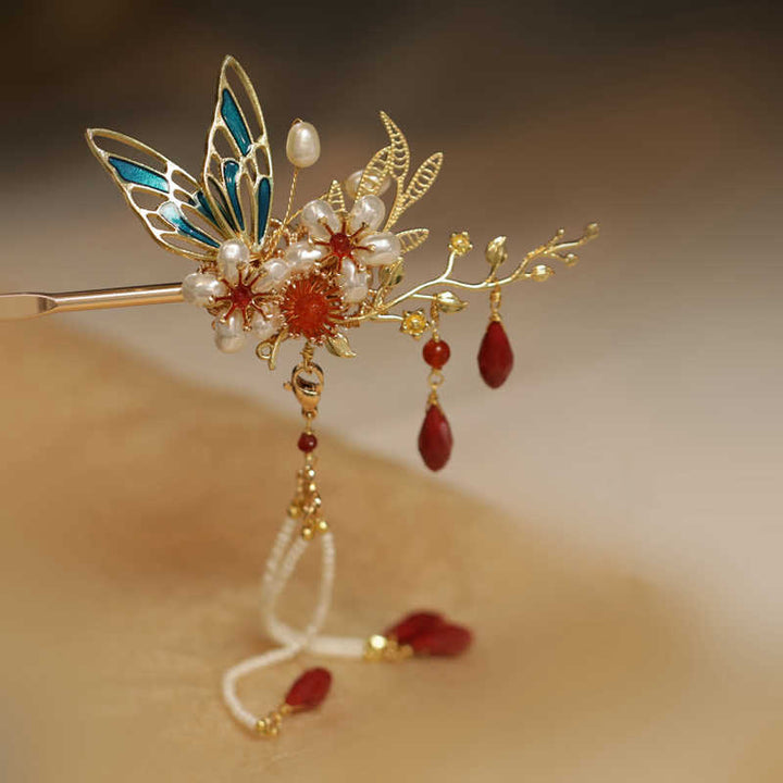 Buddha Stones、中国古典風の花の枝、蝶の真珠のタッセルヘアクリップ、ヘアピン、ヘアクラウン