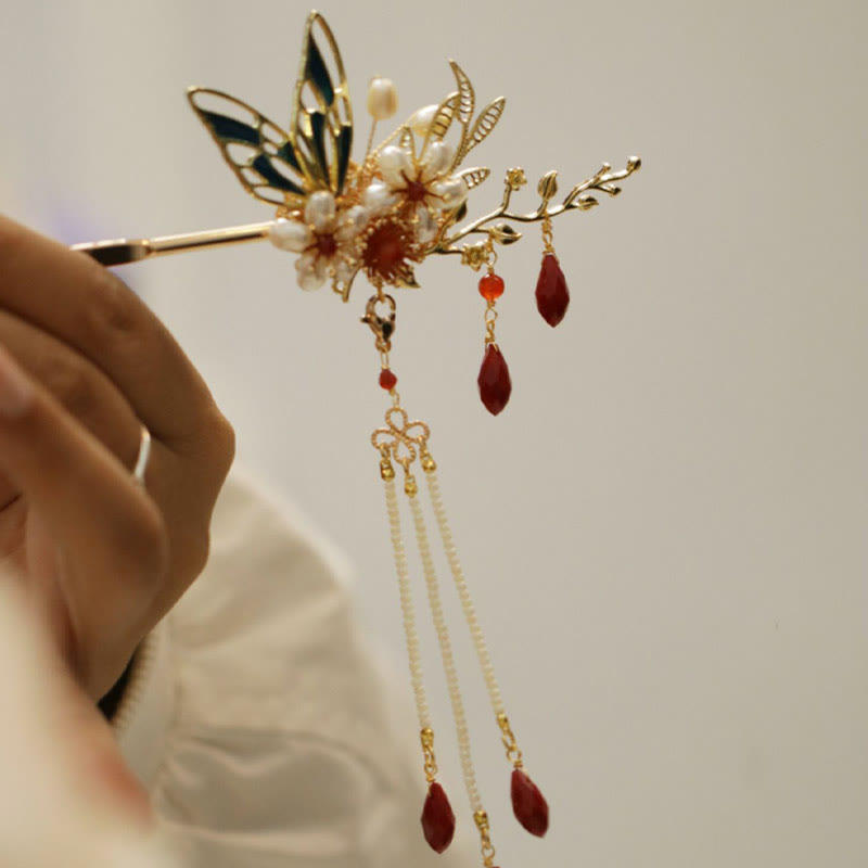 Buddha Stones、中国古典風の花の枝、蝶の真珠のタッセルヘアクリップ、ヘアピン、ヘアクラウン