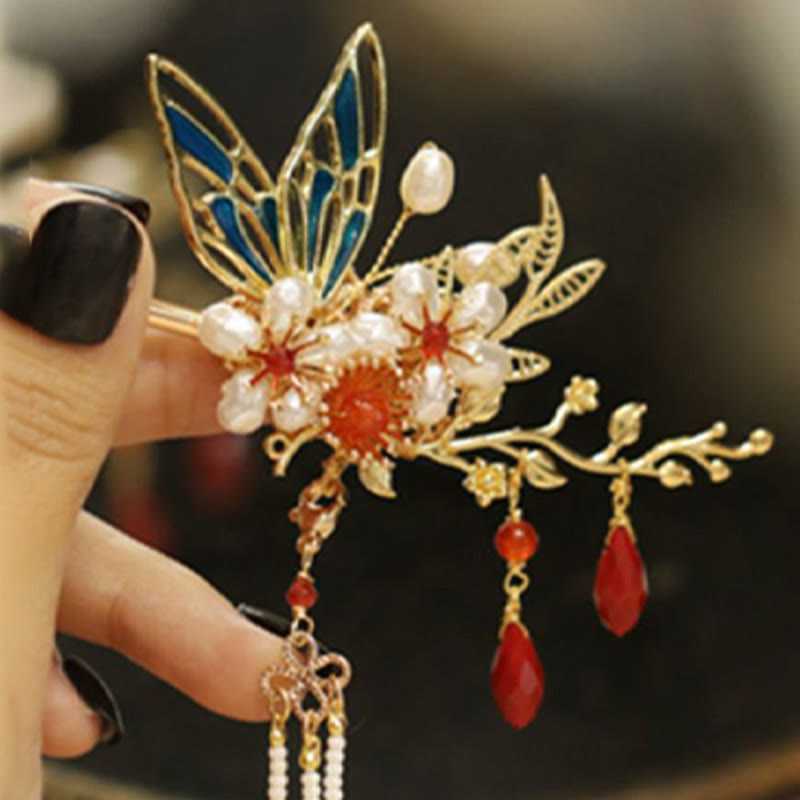 Buddha Stones、中国古典風の花の枝、蝶の真珠のタッセルヘアクリップ、ヘアピン、ヘアクラウン