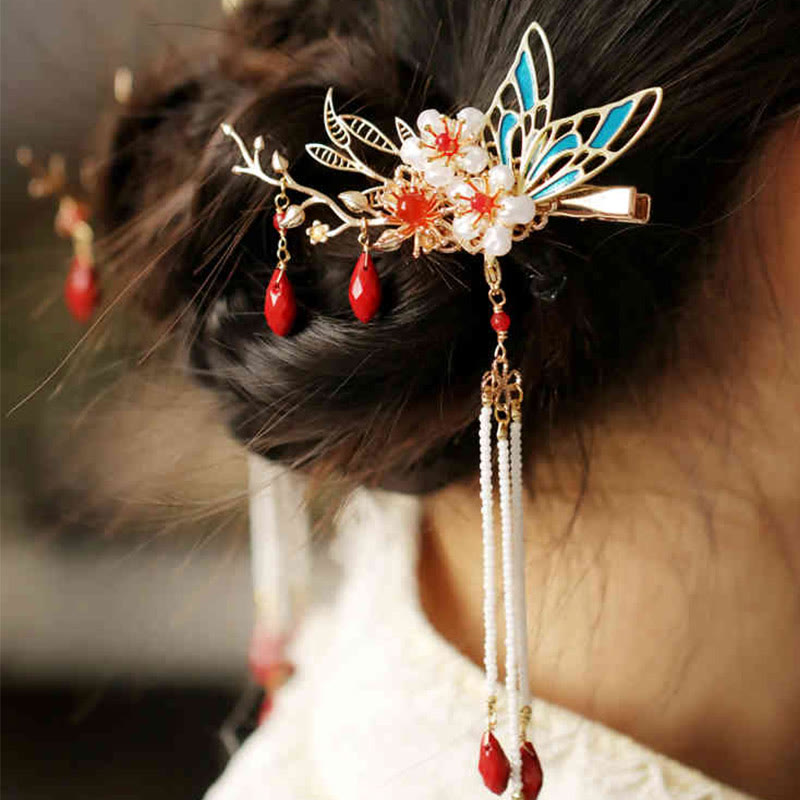 Buddha Stones、中国古典風の花の枝、蝶の真珠のタッセルヘアクリップ、ヘアピン、ヘアクラウン