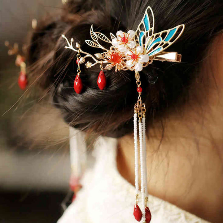 Buddha Stones、中国古典風の花の枝、蝶の真珠のタッセルヘアクリップ、ヘアピン、ヘアクラウン