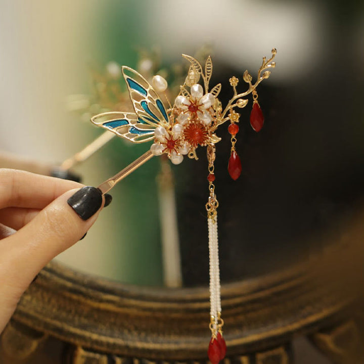 Buddha Stones、中国古典風の花の枝、蝶の真珠のタッセルヘアクリップ、ヘアピン、ヘアクラウン
