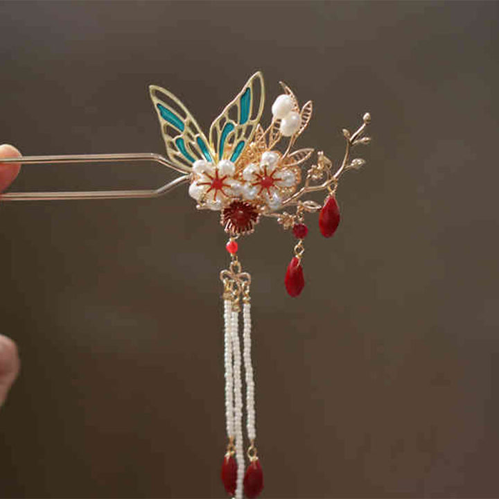 Buddha Stones、中国古典風の花の枝、蝶の真珠のタッセルヘアクリップ、ヘアピン、ヘアクラウン