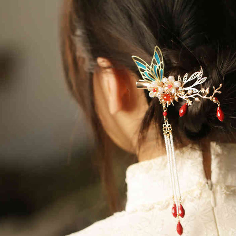 Buddha Stones、中国古典風の花の枝、蝶の真珠のタッセルヘアクリップ、ヘアピン、ヘアクラウン