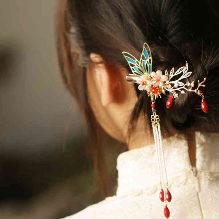 Buddha Stones、中国古典風の花の枝、蝶の真珠のタッセルヘアクリップ、ヘアピン、ヘアクラウン