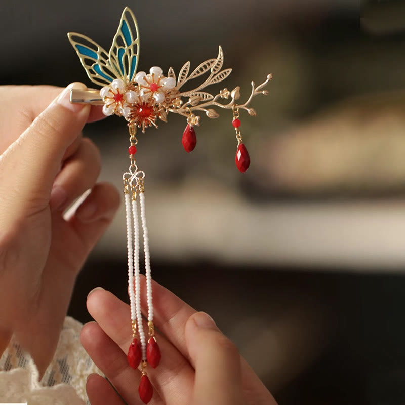 Buddha Stones、中国古典風の花の枝、蝶の真珠のタッセルヘアクリップ、ヘアピン、ヘアクラウン