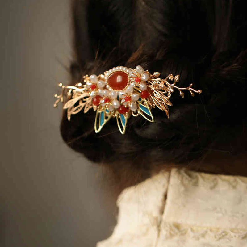 Buddha Stones、中国古典風の花の枝、蝶の真珠のタッセルヘアクリップ、ヘアピン、ヘアクラウン