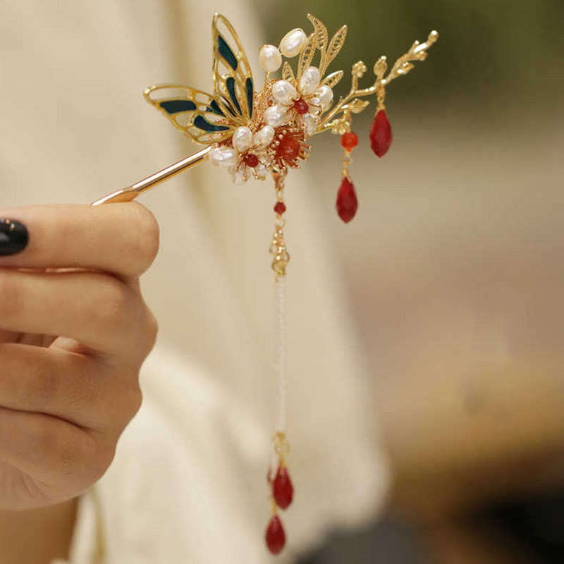 Buddha Stones、中国古典風の花の枝、蝶の真珠のタッセルヘアクリップ、ヘアピン、ヘアクラウン