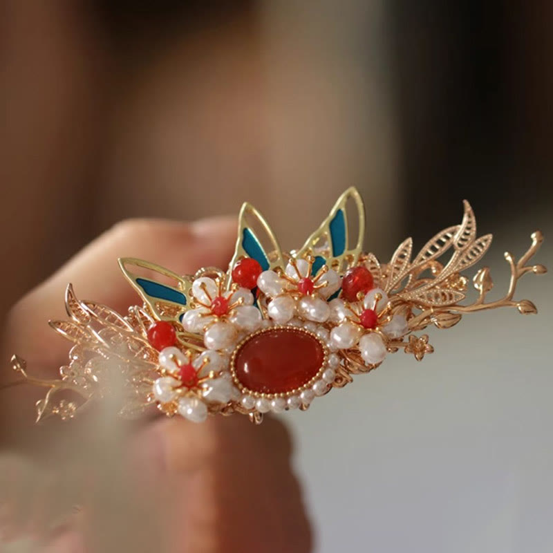 Buddha Stones、中国古典風の花の枝、蝶の真珠のタッセルヘアクリップ、ヘアピン、ヘアクラウン