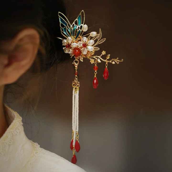 Buddha Stones、中国古典風の花の枝、蝶の真珠のタッセルヘアクリップ、ヘアピン、ヘアクラウン