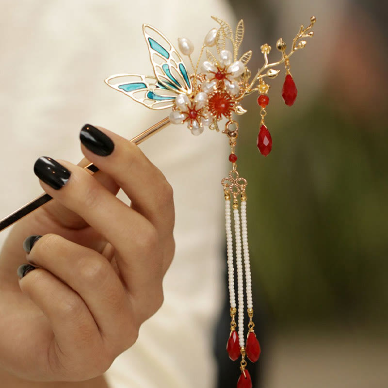 Buddha Stones、中国古典風の花の枝、蝶の真珠のタッセルヘアクリップ、ヘアピン、ヘアクラウン