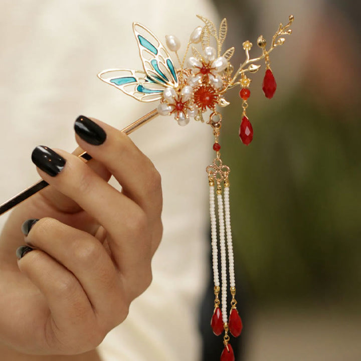 Buddha Stones、中国古典風の花の枝、蝶の真珠のタッセルヘアクリップ、ヘアピン、ヘアクラウン
