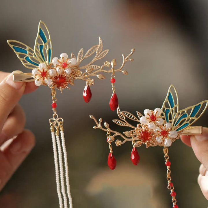 Buddha Stones、中国古典風の花の枝、蝶の真珠のタッセルヘアクリップ、ヘアピン、ヘアクラウン