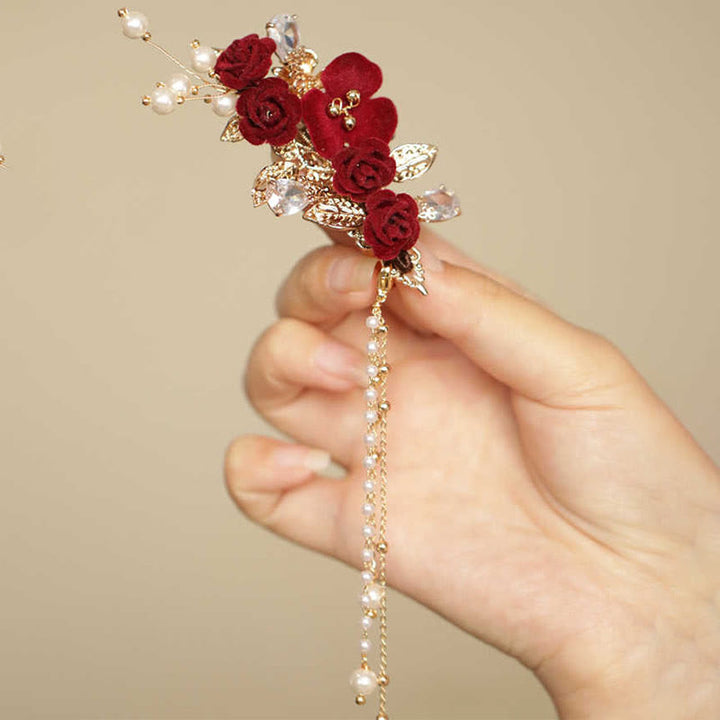 Buddha Stonesレトロ中国風赤い椿の花のタッセルサイドヘアクリップ