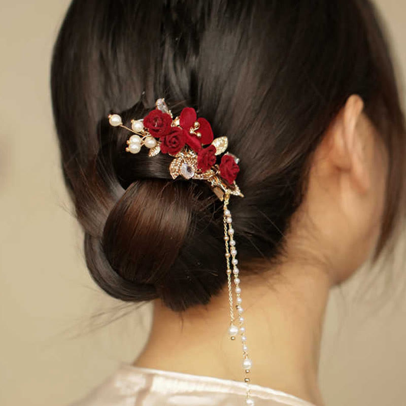 Buddha Stonesレトロ中国風赤い椿の花のタッセルサイドヘアクリップ