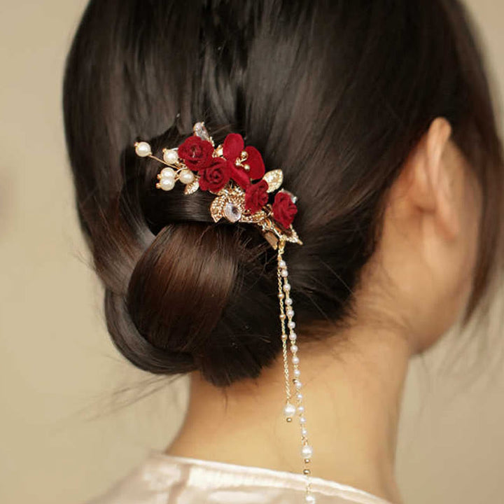 Buddha Stonesレトロ中国風赤い椿の花のタッセルサイドヘアクリップ