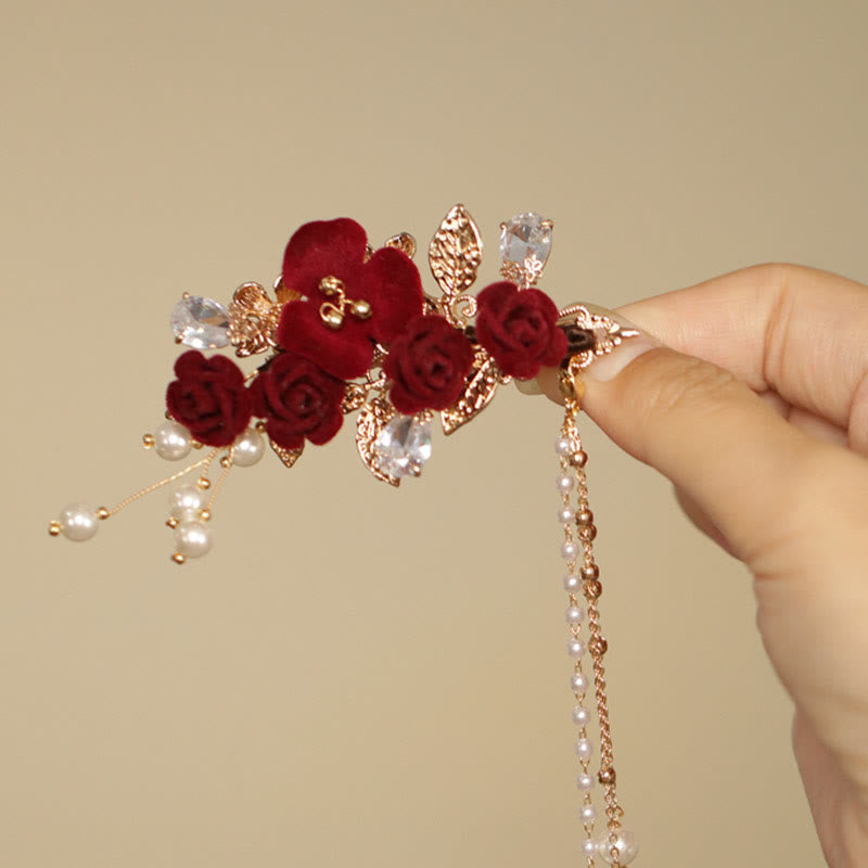 Buddha Stonesレトロ中国風赤い椿の花のタッセルサイドヘアクリップ
