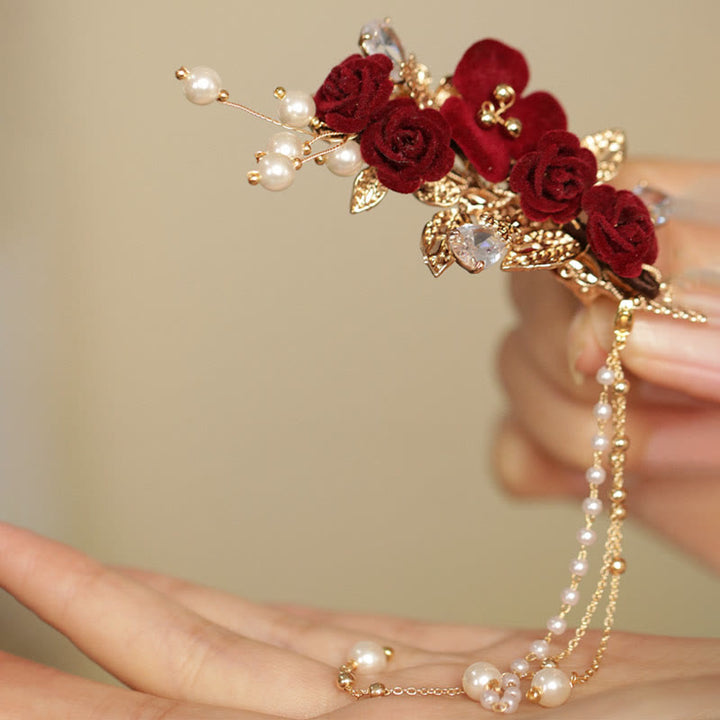 Buddha Stonesレトロ中国風赤い椿の花のタッセルサイドヘアクリップ