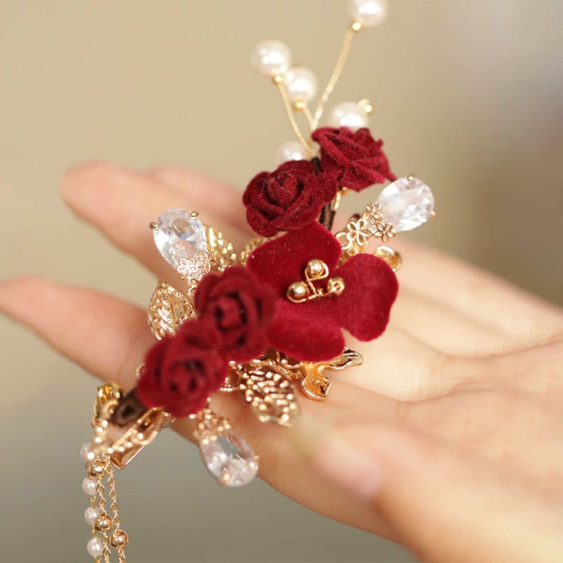 Buddha Stonesレトロ中国風赤い椿の花のタッセルサイドヘアクリップ