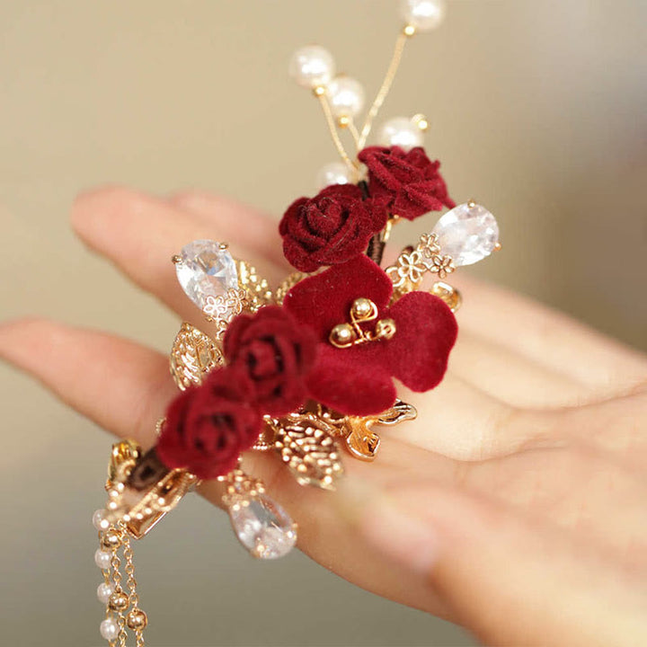 Buddha Stonesレトロ中国風赤い椿の花のタッセルサイドヘアクリップ