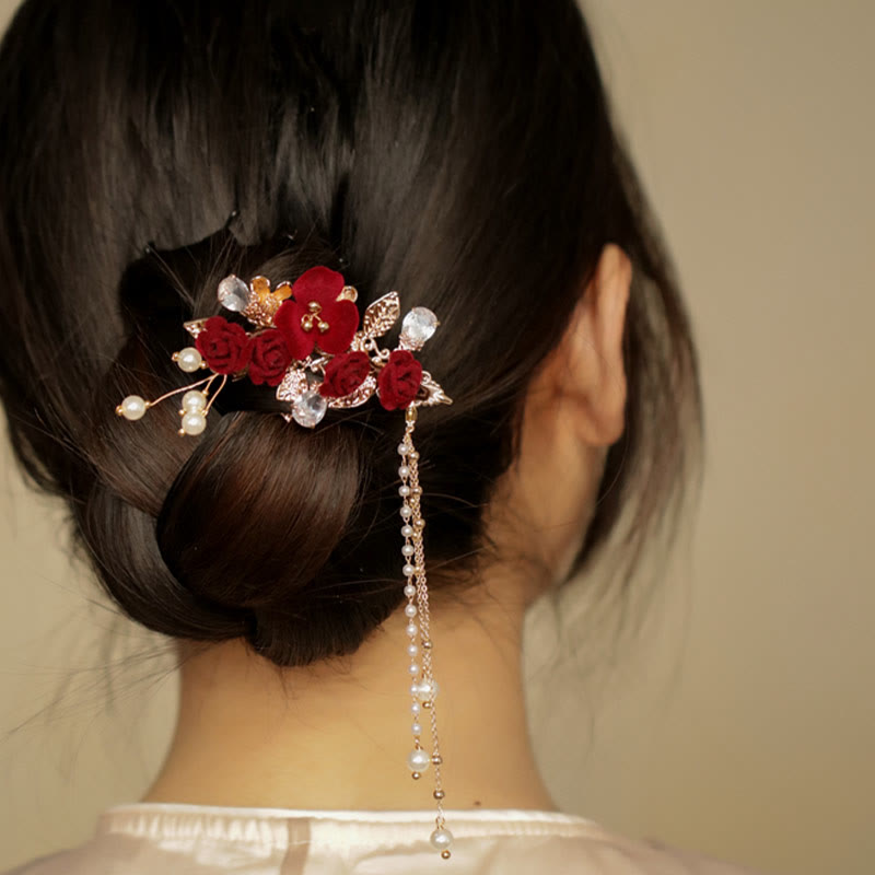 Buddha Stonesレトロ中国風赤い椿の花のタッセルサイドヘアクリップ