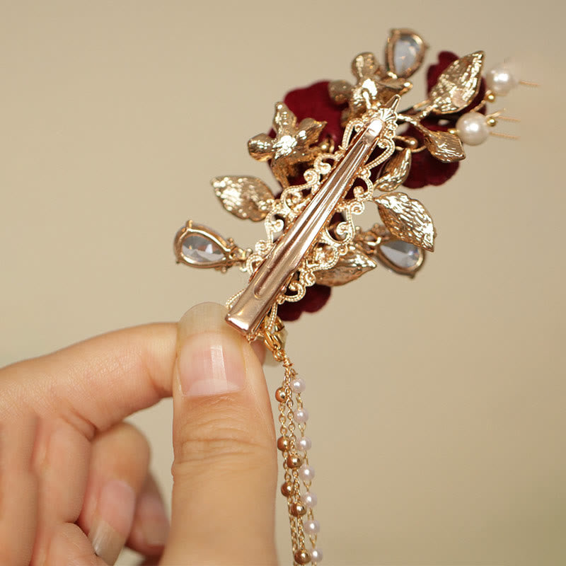 Buddha Stonesレトロ中国風赤い椿の花のタッセルサイドヘアクリップ